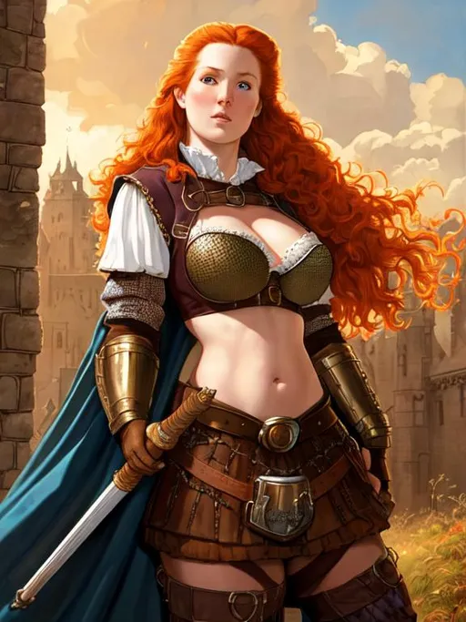 Prompt: hyper realistic of a 15th century scottish woman with cute face and ginger hair. HDR, dramatic, studio light, hyperdetailed face,  full body image,natural color, comic book artwork style, Frank Miller and Boris Vallejo 