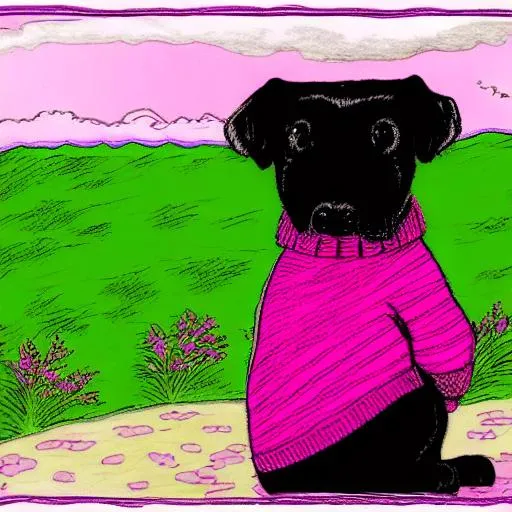 Prompt: Black dog in pink and purple sweater a dreamy setting. Artistic cartoon