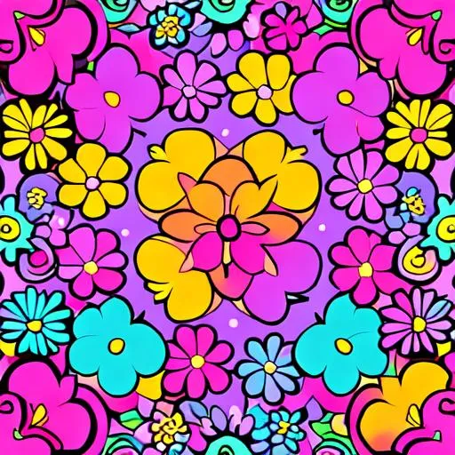 Prompt: Lisa Frank style illustration of floral pattern background, outlined
