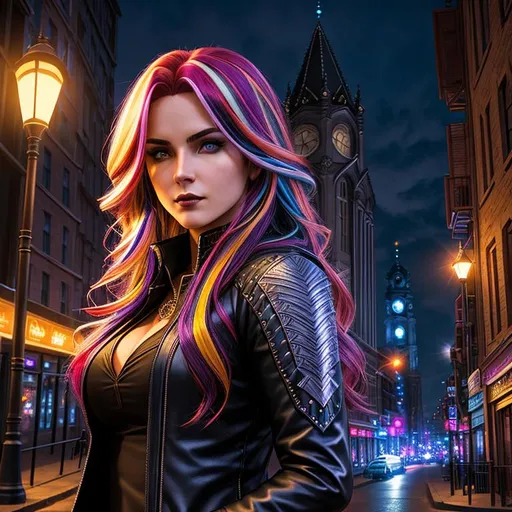 Prompt: Contemporary wizard inspired by "Dresden Files", female, multicolored hair, detailed symmetrical face, detailed comic book art style, sharp details, city at night style background, well lit by street lights, vampire, real, alive, real skin textures,