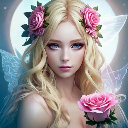 Prompt: fairy goddess, ethereal beauty, blonde, dreamscape, pink roses, facial closeup