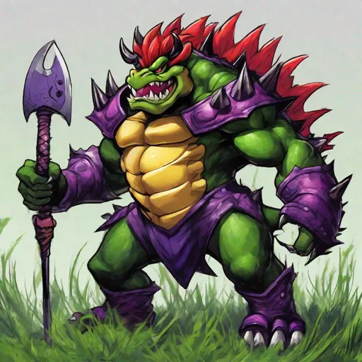 Prompt: Bowser, bright crimson red scales with black underscales, purple forehead mark on head, grass-like green mane, black shell with purple spikes, arm axe, masterpiece, best quality, in dark comic art style