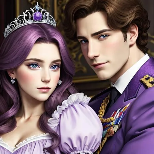 Prompt: European prince and princess wearing purple, facial closeup