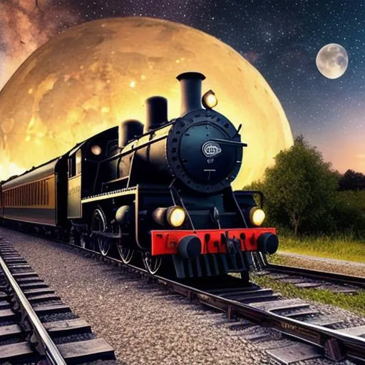 Prompt: locomotive steam train,  UHD, HDR, 8K, RPG, UHD render, HDR render, 3D render cinema 4D, cinematic light, high res intricately detailed complex background night time bright stars in the sky and full moon