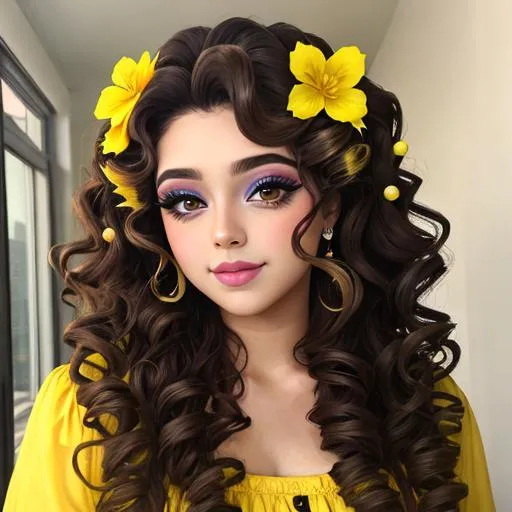 Prompt: A girl with  long curly hair wearing yellow, pretty makeup, flower in her hair