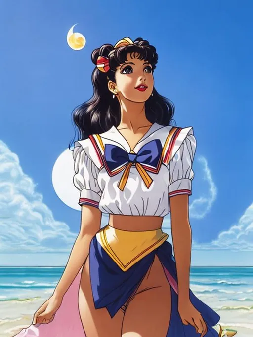 Prompt: Full body portrait as Sailor Moon character by Naoko Takeuchi, shoulder length hair, brown hair, dark brown eyes, small chest, full body, European-Latina features, tan skin, smile, symmetrical facial features, rosey cheeks