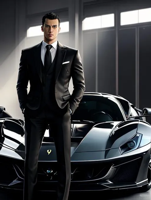 Prompt: romance book cover. A man with suit stand in front of black Ferrari car. Dramatic light. Detailed. Sharp focus