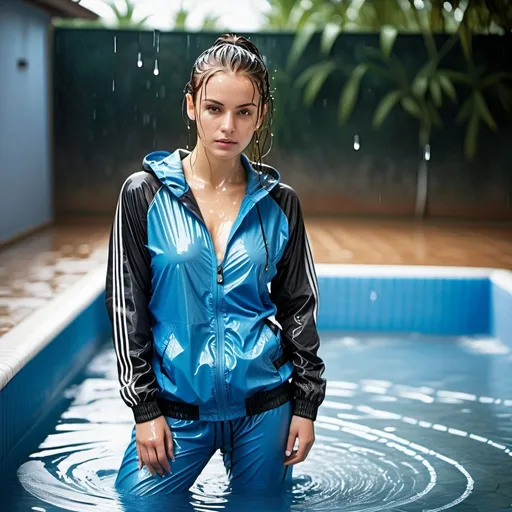 Prompt: photo of young woman, soaking wet clothes, nylon tracksuit pants, nylon tracksuit,  , standing in pool,   enjoying, water dripping from clothes, clothes stuck to body,  detailed textures of the wet fabric, wet face, wet plastered hair,  wet, drenched, professional, high-quality details, full body view 