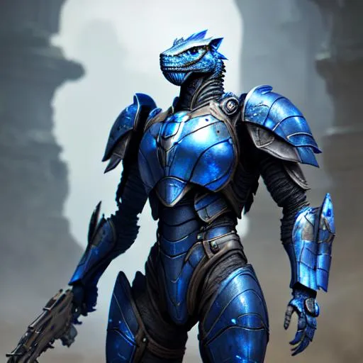 Prompt: perrealistic mixed media image of a argonian blue elder scrolls,  wearing basic futurist armor, with machinegun, with rustic camouflage details, stunning 3 d render inspired art by greg rutkowski and xiang duan and thomas eakes, perfect facial symmetry, flesh texture, realistic, highly detailed attributes and atmosphere, dim volumetric cinematic lighting, 8 k octane detailed render, post - processing, masterpiece,