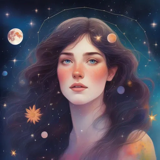 Prompt: Colorful and beautiful Persephone with brunette hair and light freckles, framed by constellations and stars and cosmos and the moon