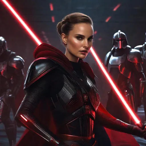 Prompt: portrait of beautiful female Sith lord (Natalie Portman) slaying innocent random aliens, red lightsaber, pretty face, followed by soldiers in dark futuristic armor, photorealistic, close-up, 8k, trending on Artstation, pixiv, dim lighting, 