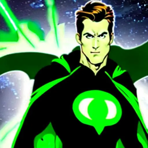 Prompt: Hal Jordan Ryan Reynolds Inspired, Green-Glowing-Cape floating in deep outer-space 