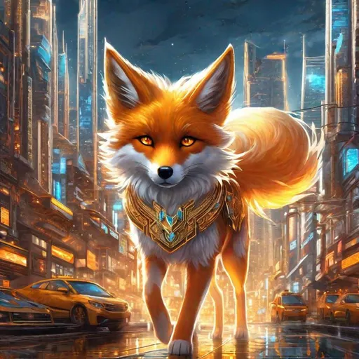 Prompt: remove leg, remove paw, (masterpiece, 2D, hyper detailed, epic digital art, professional illustration, fine colored pencil), Adolescent runt ((kitsune)), (canine quadruped), nine-tailed fox, dreamy amber eyes, fuzzy {white-gold} pelt, (golden necklace with brilliant orange gemstone), pointy brown ears, in a large futuristic city, skyscrapers tower above her, the city lights up against twilight, possesses ice, timid, curious, cautious, nervous, alert, expressive bashful gaze, slender, scrawny, fluffy gold mane, {frost} on face, frost on fur, fur is frosted, sparkling ice crystals in sky, sparkling ice crystals on fur, sparkling rain falling, frost on leaves, dreamy, melodic, highly detailed character, full body focus, perfect composition, trending art, 64K, 3D, illustration, professional, studio quality, UHD, HDR, vibrant colors