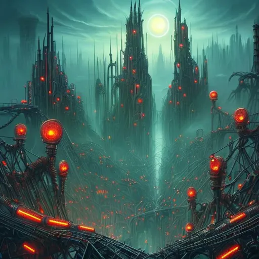 Prompt: Fantasy art style, painting, metal, chrome, bridges, metropolis, city, crowded city, overpopulation, pollution, Evil, dictatorship, green neon lights, neon lights, green lights, futuristic, biological mechanical, dystopian, pipes, tubes, cables, nuclear weapons, weapons, teeth, brutalist, fog, smog