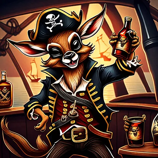 Prompt: Create a badass 
illustration of evil Bambi as a pirate, on board of a ship drunk dancing and holding a bottle of rum 