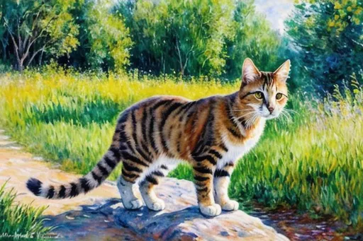 Prompt: exploring cat, realistic cat, wild cat, beautiful background, realistic, watercolor, impressionist, monet, fullbody, erin hunter warrior cats, journey, oil painting, realistic detailed fur, cat exploring nature