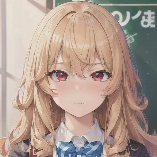 Prompt: (masterpiece, illustration, best quality:1.2), lolli, tsundere, cute, tsundere, frustrated tsundere expression, portrait, curly yellow hair, red eyes, wearing school uniform, best quality face, best quality, best quality skin, best quality eyes, best quality lips, ultra-detailed eyes, ultra-detailed hair, ultra-detailed, illustration, colorful, soft glow, 1 girl, leading into a desk