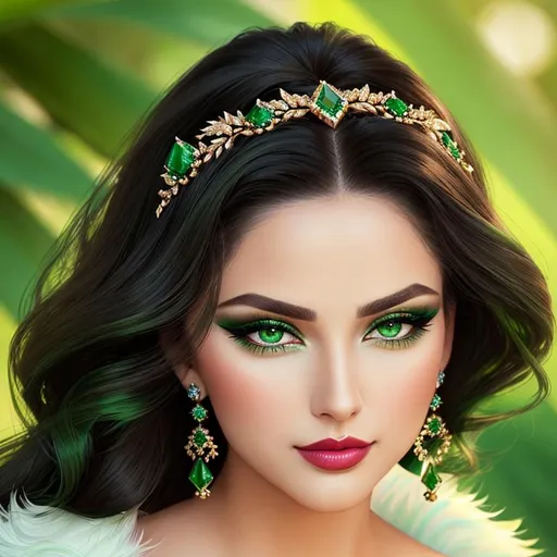 Prompt: an emerald lady, feminine elegant princess ,  dark hair, large green eyes, wearing jewels in her hair,  beautiful makeup, green eyeshadow eyeshow natural color lipsticklipstick, facial closeup