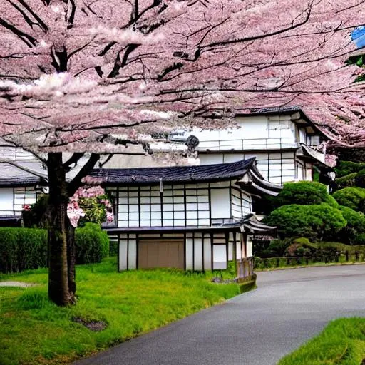 Prompt: Japanese houses and cherry blossom