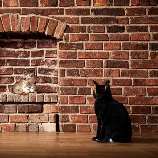 Prompt: a cat is sitting on a wooden floor by a fireplace made of brick 