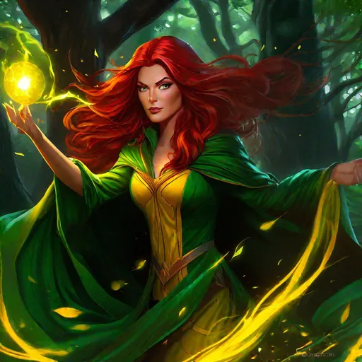 Prompt: A digital painting by Toni Infante, Modern comic book cover, of a beautiful sorceress, casting a yellow spell, in her 40s under a green cloak with long wavy red hair hair and glowing green eyes, intricate, seductive, Dark Fantasy, Nature, Fae, Old Forest, wide shot, Surrealist, Anime, DeviantArt, artstation, Midjourney, cgsociety, digital art, Green electricity, seductive, symmetrical, red boots, vivid, tone mapping, colorgrading, HD, sharp focus, natural lighting, soft shadows, chromatic aberration, depth of field.
