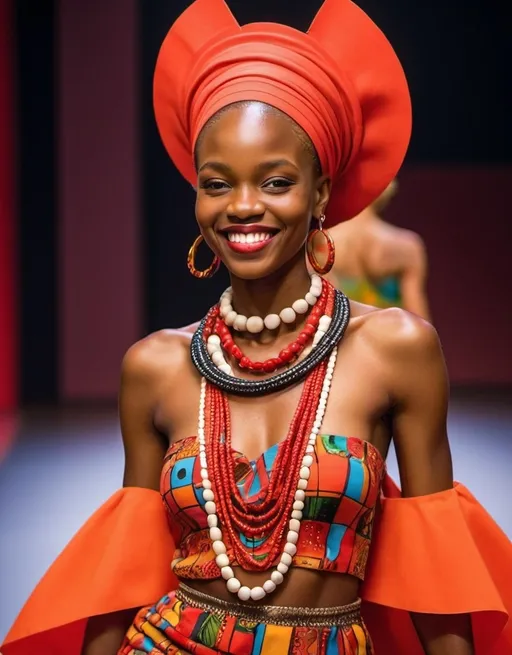 Prompt: a African woman with a bright smile walking down a runway wearing a colorful African dress and cowrie shells necklaces on her head and around her neck and a red background, and bright red rug Chinwe Chukwuogo-Roy, afrofuturism, complementing colors, a picture