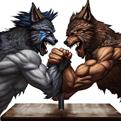 Prompt: 2 werewolfs fighting in a armwrestling battle
