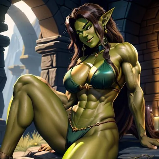 Prompt: oil painting, D&D fantasy, {22 years old}, ({green skin}) extremely muscular orc girl, green-skinned-female (tall), sitting with back arched, {COLOSALLY BREASTED}, beautiful face, {wild loose brunette hair}, short pointed ears, {vampire teeth}, looking at the viewer, {wearing long blue sundress}, UHD, hd, 8k eyes, detailed face, {bright yellow eyes}, {wide thick feminine lips}, straight nose, high cheekbones, long eyelashes, {super wide hips}, thick thighs, broad shoulders, large buttocks, green skin, intricate details, insanely detailed, masterpiece, cinematic lighting, 8k, complementary colors, golden ratio, octane render, volumetric lighting, unreal 5, artwork, concept art, cover, top model, light on hair, colorful glamourous hyperdetailed rocky mountain background, ultra-fine details, hyper-focused, deep colors, dramatic lighting, ambient lighting god rays, garden | by sakimi chan, artgerm, wlop, pixiv, tumblr, instagram, deviantart