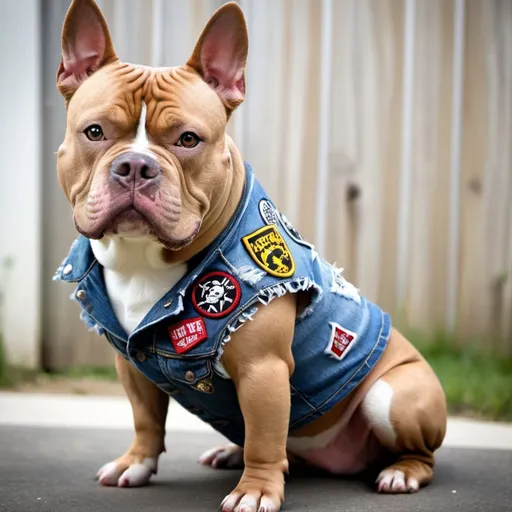 Prompt: American Bully wearing a heavy metal music denim vest with patches