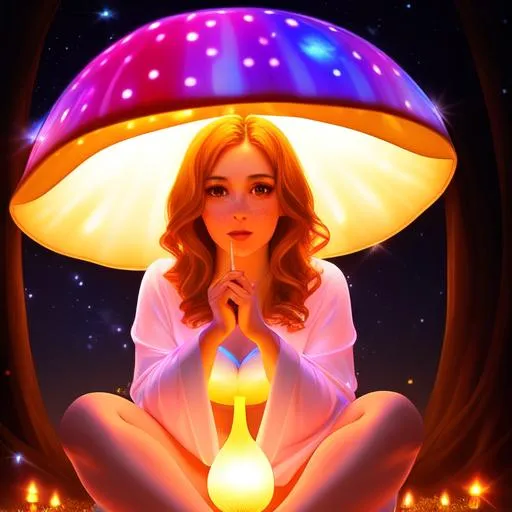 Prompt: A beautiful woman sitting under a glowing mushroom wearing a silky robe, top lighting, symmetrical face, freckles, surprised face, glowing fireflies