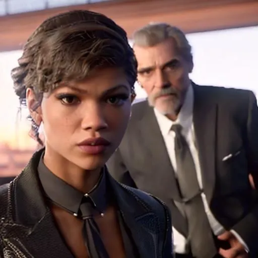 Prompt: wide shot of zendaya as angry billionaire wearing business causal in left focus arguing with jeremy irons in right focus across table in ornate office