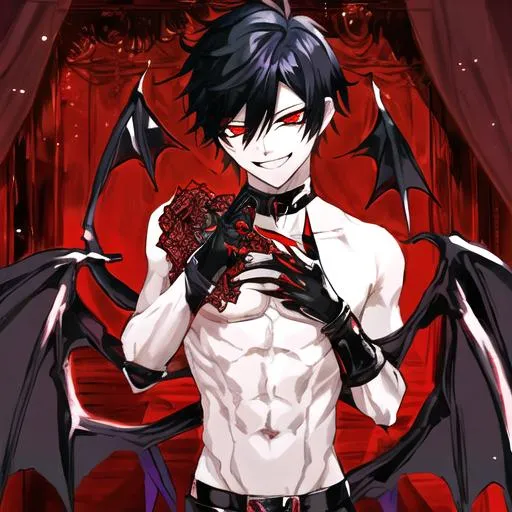 Prompt: Damien (male, short black hair, red eyes), demon form, grinning seductively, in hand cuffs