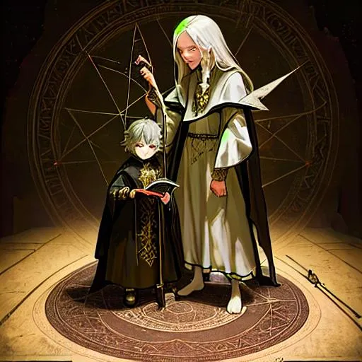Prompt: a wizard wearing ritual garments and holding a wand and spell book standing in front of a pentagram on the floor, with a cute witch girl by his side helping him with his ritual, very detailed, realistic faces and bodies, detailed realistic facial features