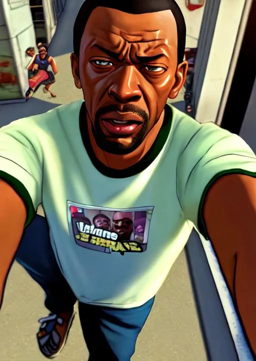 Prompt: selfie taken from carl johnson from gta being annoyed, grand theft auto san andreas style, one person, details