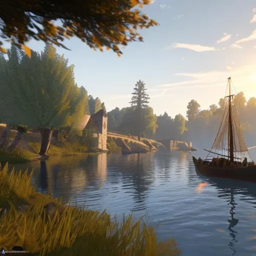 Prompt: River and boat medieval estilo kingdom come deliverance, ultra realistic, unreal Engine, 8k.