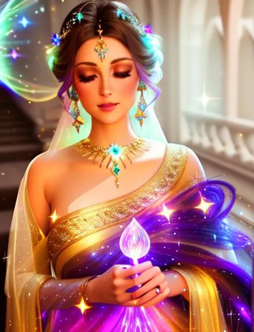 Prompt: Beautiful ethereal fairy{ raw photo } , magic glowing orbs, ((wearing diamantine intricate gown)) ((bright multi coloured galaxy straight hair)), glowing, trails of light, wisps, soft white skin, slight sparkles, unreal engine 8k octane, 3d lightning, stellar, quartz, gem rain, luminous chest, fantasy, raw photo 