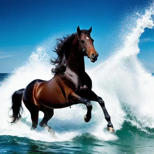 Prompt: Beach wave, dark horses galloping through the water, ultra realistic, high resolution