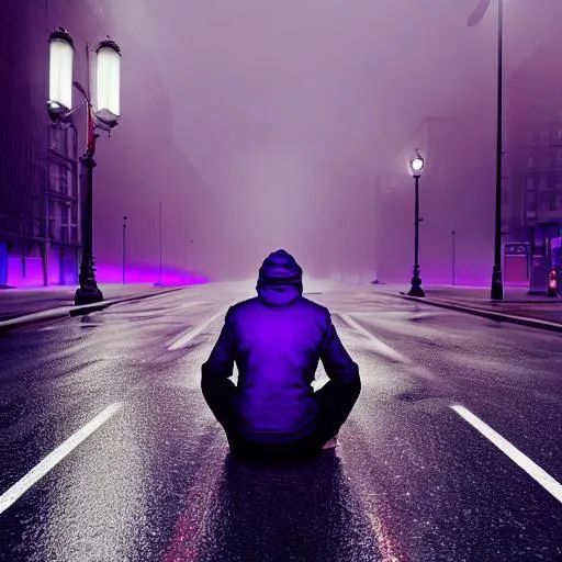 Prompt: man sitting down in the rain looking up, middle of the street, empty,  purple fog, 8k, photorealism, unreal engine 5