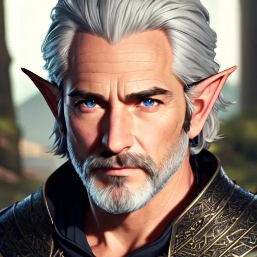 Prompt: UHD,  8k, Very detailed, panned out view, whole character, male lotr half-elf mature adult, visible face, short hair, short stubble beard, scar