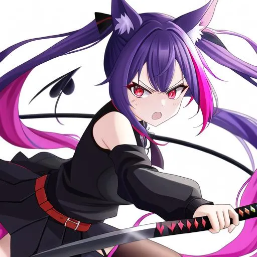 Prompt: Haley  as a demon (multi-color hair) (multi-color eyes)(she has horse ears) holding a katana, fighting, with an angry look on her face