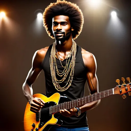 Prompt:  Tall athletic Beautiful hairless black man hairless face  ,standing next to a guitar,with big brown wooden beads necklace around his neck ,,realistic, super detailed, confident, 