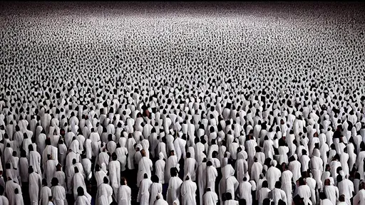 Prompt: Photos in the style of andreas gursky. Thousands and tens of thousands of people in the same white tyveks suits are standing in a  lounge without empty space.