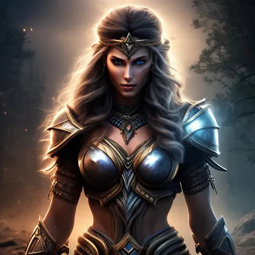Prompt: HD 4k 3D 8k professional modeling photo hyper realistic beautiful warrior woman ethereal greek goddess of injustice
mysterious barbarian dark gray hair dark eyes gorgeous face black skin tattoos shimmering dark armor with jewelry full body surrounded by magical glowing light hd landscape background dark ancient war