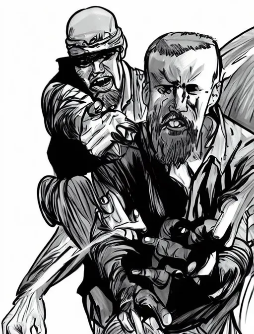 Prompt: One character, Robert Kirkman art style, black and white, sketch, comic illustration