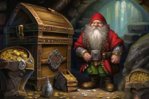 Prompt: dwarf standing beside a treasure chest full of coins and gems, by Anne Stokes