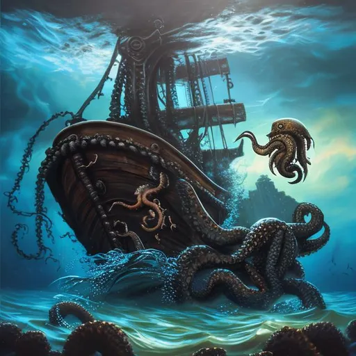 Prompt: (realistic photo, professional photo, oil painting) of a Kraken holding a pirate ship under water, fish nearby, at midnight 