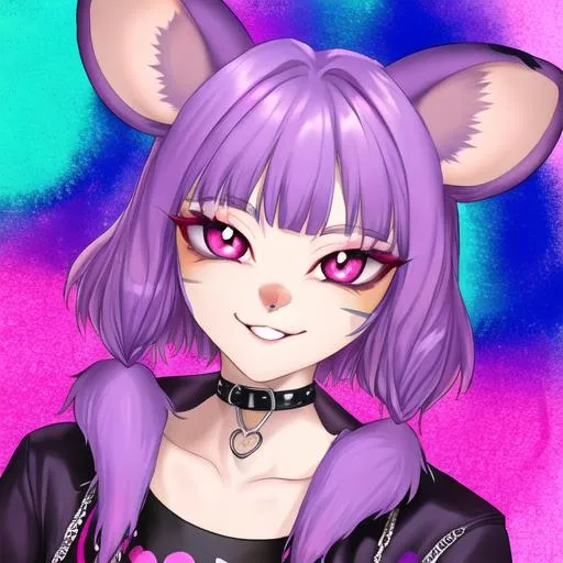 Prompt: lisa frank style possum portrait anthropomorphic furry purple hair sidecut