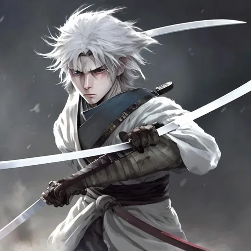 Prompt: a pale-skinned, white ashen haired young
 swordsman with two swords haunted by the thoughts of the dead
 