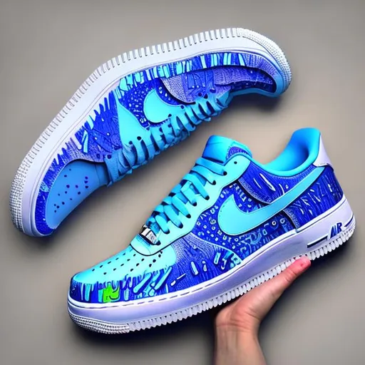 Prompt: nike air force one sneakers, blue design with rain droplets and doodles