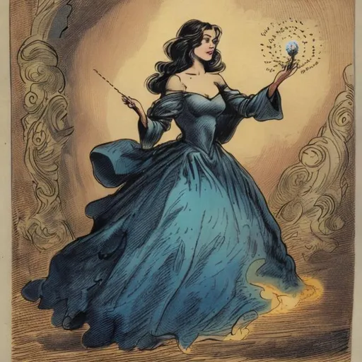 Prompt: Woman in a ball gown with casting a spell with a magic wand 